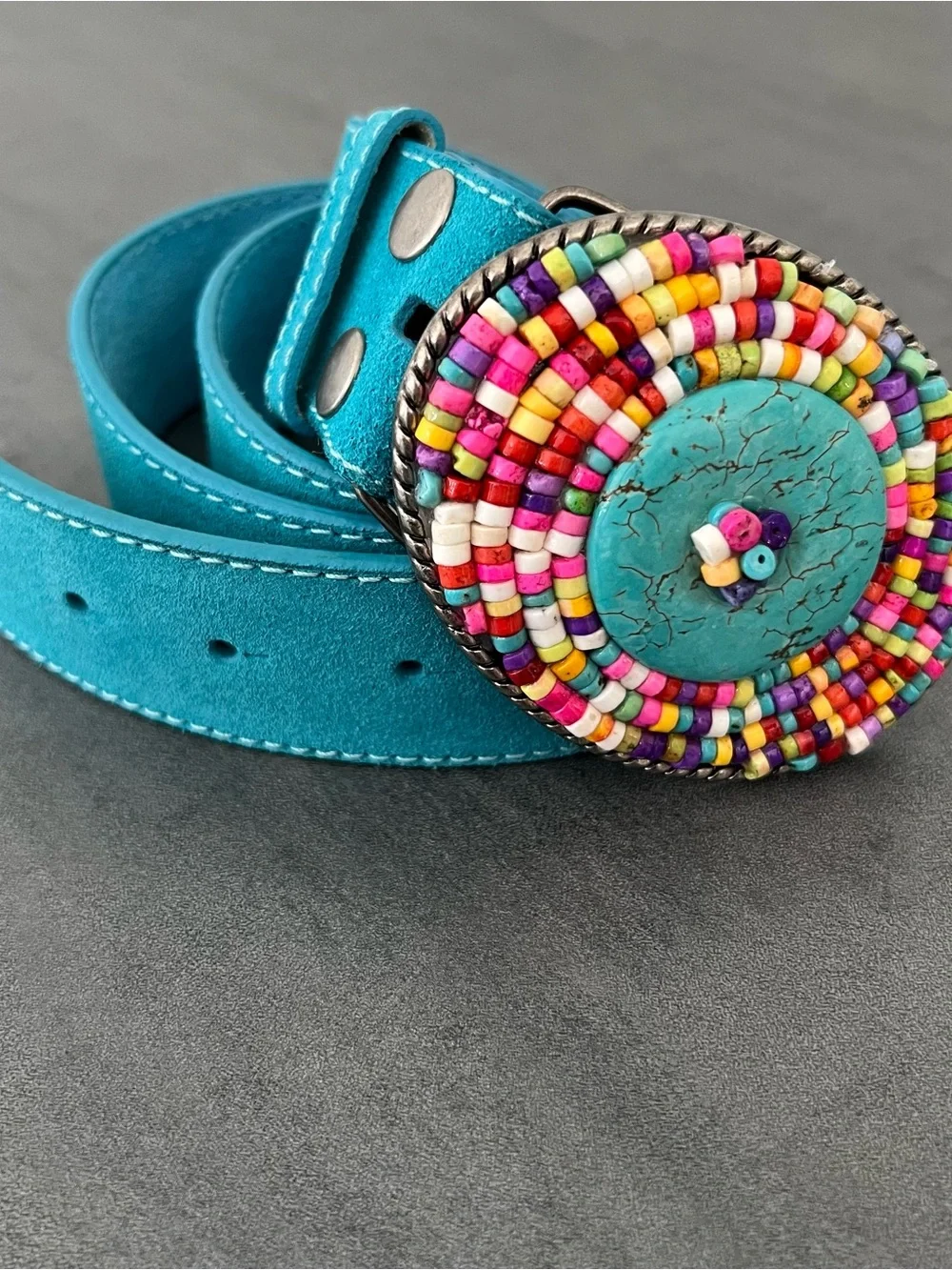 DC Vintage Turquoise Beaded Belt Buckle‎ Leather Women’s Size Medium / Large